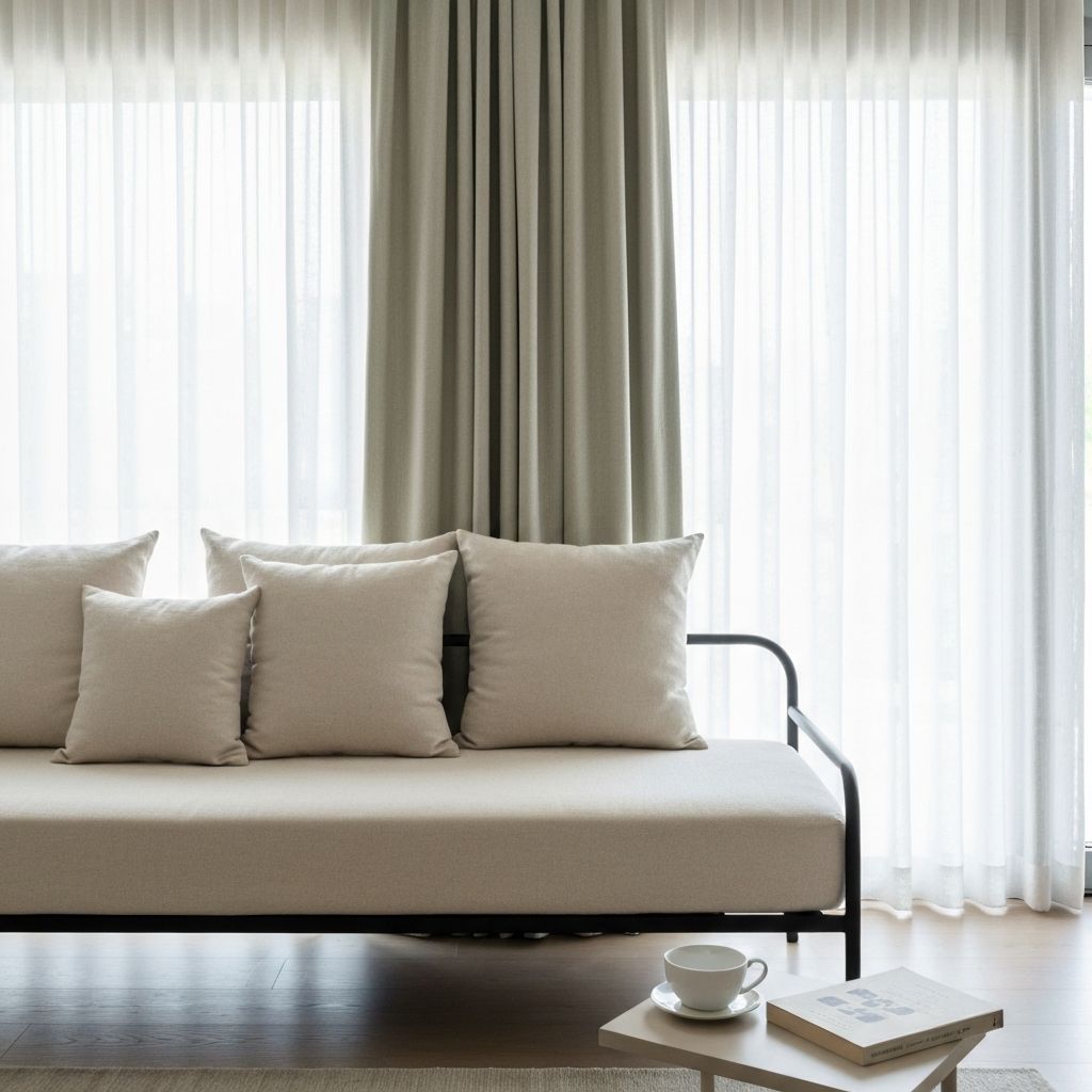 Minimalist interior with cream linen daybed and natural light